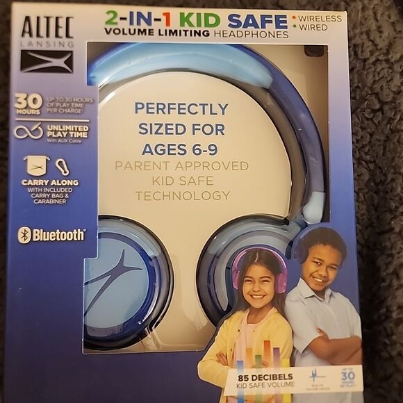 NIB 2 in one kid safe volume limiting headphones blue age 6-9 travel comfort usa - Picture 3 of 8